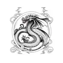 A dragon curled up around a stack of books tattoo design idea