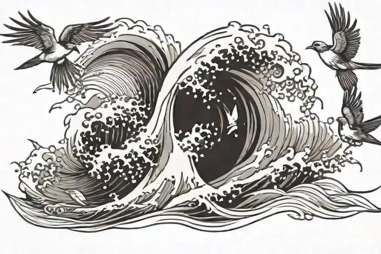 wave break and birds flying away tattoo design idea
