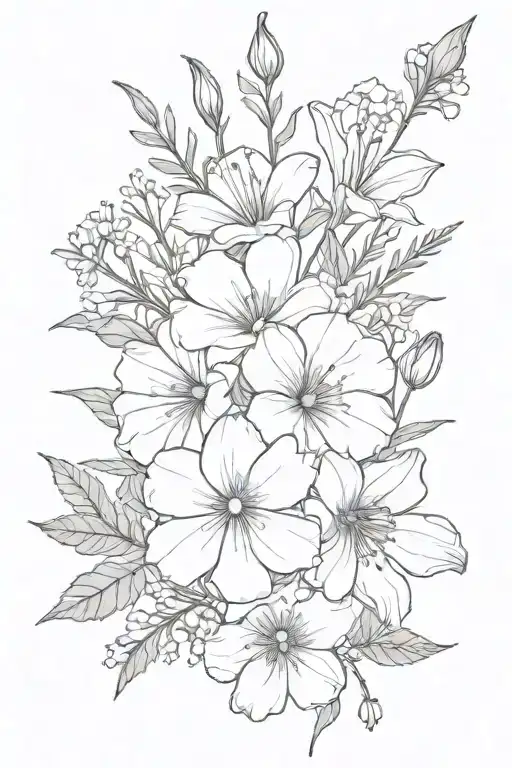 bouquet including morning glory, aster, cosmos, marigolds, lily of the valley, Hawthorne, gladiolus, and poppys tattoo design idea