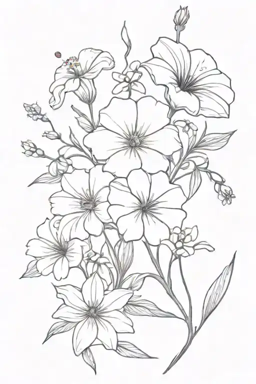 bouquet of morning glory, aster, cosmos, marigolds, lily of the valley, Hawthorne, gladiolus, and poppys with stem tattoo design idea