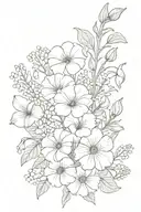 bouquet including morning glory, aster, cosmos, marigolds, lily of the valley, Hawthorne, gladiolus, and poppys tattoo design idea