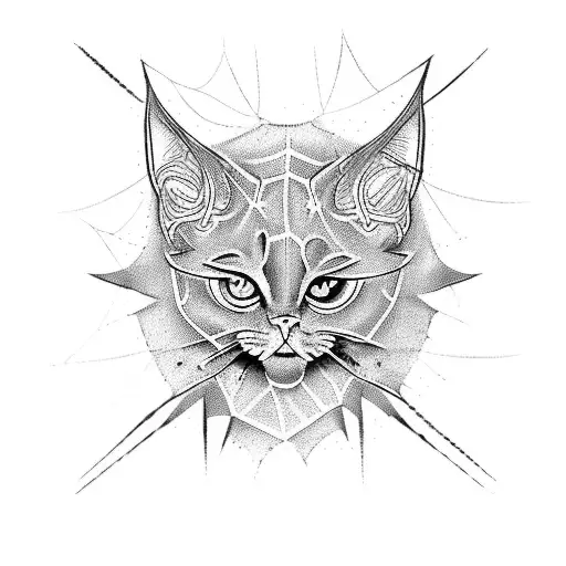 A tattoo design of a gothic gato with a spiderweb background in a blackwork style tattoo design idea