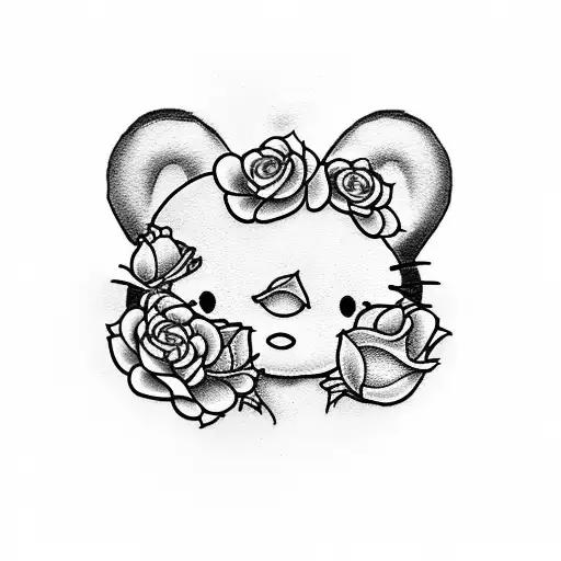 A tattoo design featuring a gothic-style hello Kitty surrounded by roses in a dotwork style tattoo design idea
