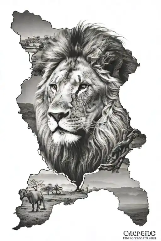 lion in shape of Africa continent tattoo design idea