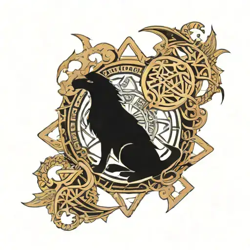 Odin, ravens, wolf and dragon, runes, valknut, triquetra, ygdrassil, jormungandr, gungnir, vegvesir tattoo design idea