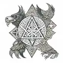Odin, crows, wolf and dragon, runes, valknut, triquetra, igdrassil, jormungand, gungnir, vegvesir tattoo design idea