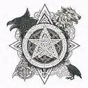 Odin, crows, wolf and dragon, runes, valknut, triquetra, igdrassil, jormungand, gungnir, vegvesir tattoo design idea