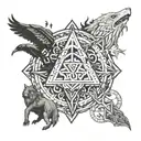 Odin, crows, wolf and dragon, runes, valknut, triquetra, igdrassil, jormungand, gungnir, vegvesir tattoo design idea