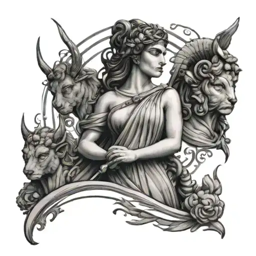 A tattoo design featuring a powerful Greek goddess like Athena or Artemis in a modern and feminine art style, surrounded by Greek statues tattoo design idea