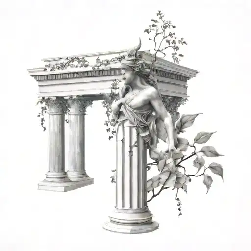 Realistic tattoo design, inspired by greek mythology, vines and greek pillars with a statue of a feminine goddess. tattoo design idea