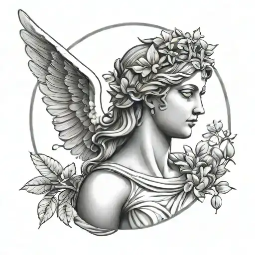 Realistic tattoo design, greek goddess statue surrounded by vines and greek pillars or architecture tattoo design idea