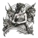 A tattoo design featuring a powerful Greek goddess like Athena or Artemis in a modern and feminine art style, surrounded by Greek statues tattoo design idea
