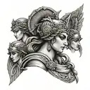 A tattoo design featuring a powerful Greek goddess like Athena or Artemis in a modern and feminine art style, surrounded by Greek statues tattoo design idea