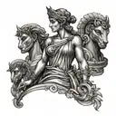 A tattoo design featuring a powerful Greek goddess like Athena or Artemis in a modern and feminine art style, surrounded by Greek statues tattoo design idea