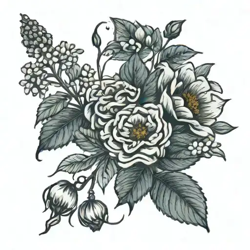 tied boquet with the birth flowers from March, April, September, October, and December with a stems. tattoo design idea