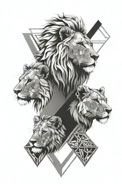 elegant geometric lion head tattoo and 2 lion cub heads tattoo design idea