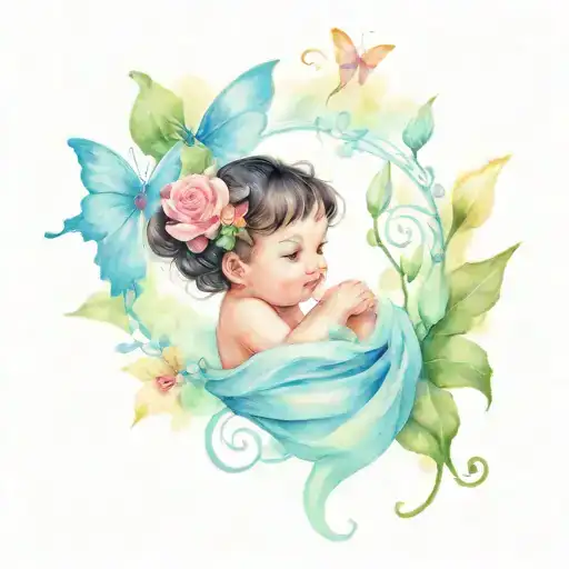 A black haired and brown eyed cherub baby girl holding a bouquet of lilies and roses with butterflies flying around  tattoo design idea