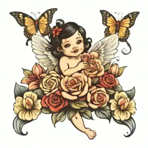A black haired and brown eyed cherub baby girl holding a bouquet of lilies and roses with butterflies flying around  tattoo design idea