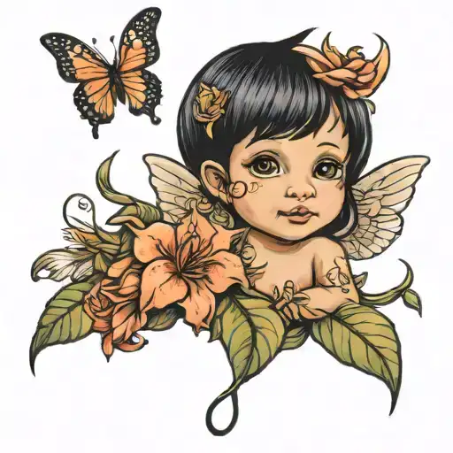 a colorful portrait of a black haired brown eyed cherub with lillies and roses and butterflies tattoo design idea