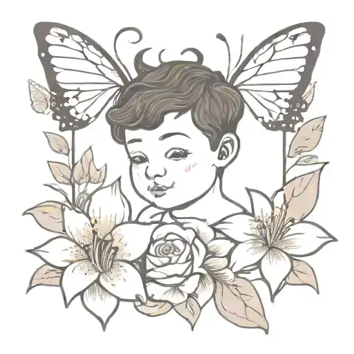 a colorful portrait of a black haired brown eyed cherub with lillies and roses and butterflies tattoo design idea