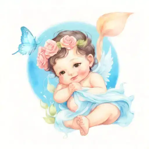 A black haired and brown eyed cherub baby girl holding a bouquet of lilies and roses with butterflies flying around  tattoo design idea