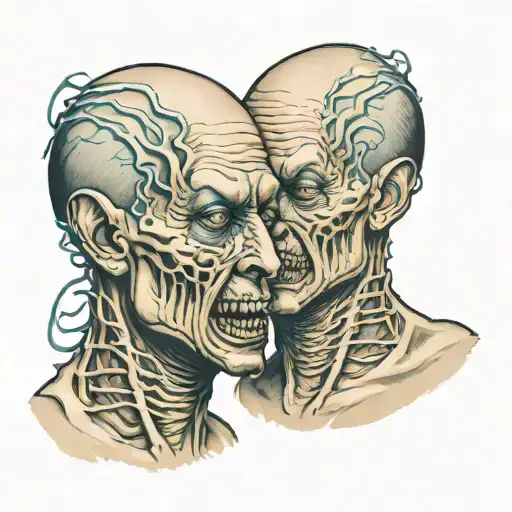 siamese twin head gore monster bad Side and good side tattoo design idea