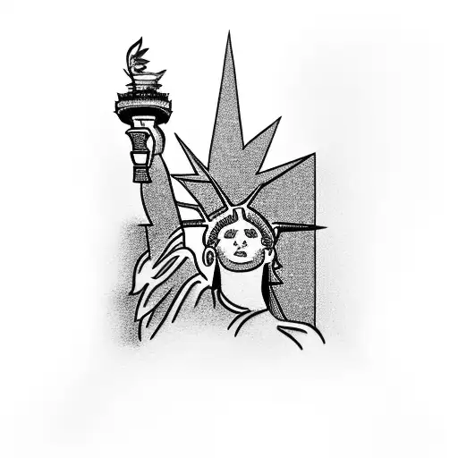 Statue of Liberty with New York City skyline and American flag tattoo design idea