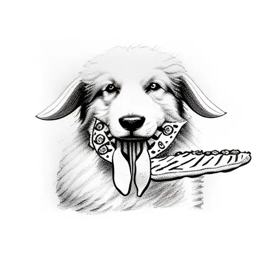 Sheepdog holding pizza hanging from mouth tattoo design idea