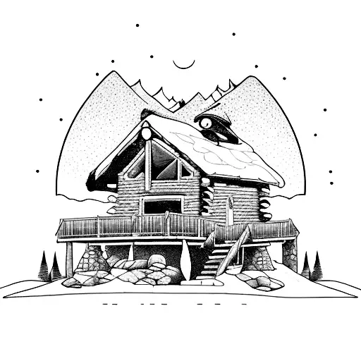 a cabin in the mountains with a hot tub and 2 backpacks sitting out front tattoo design idea