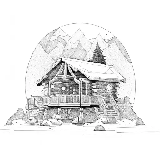 a cabin in the mountains with a hot tub and 2 backpacks sitting out front tattoo design idea