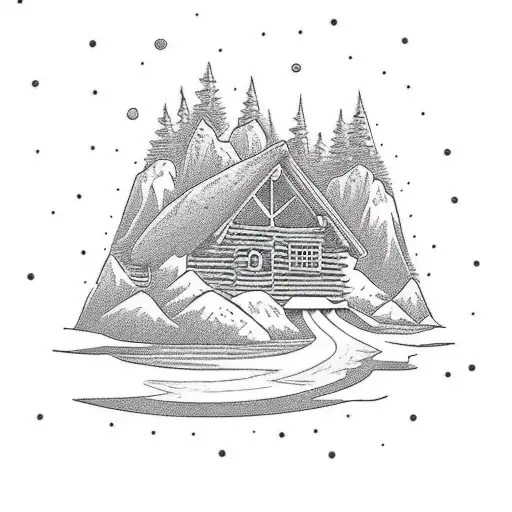 a cabin in the mountains with 2 backpacks sitting out front tattoo design idea