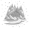 a cabin in the mountains with 2 backpacks sitting out front tattoo design idea