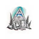 a cabin in the mountains with 2 backpacks sitting out front tattoo design idea