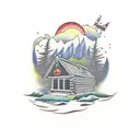 a cabin in the mountains with 2 backpacks sitting out front tattoo design idea