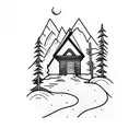 a cabin in the mountains with 2 backpacks sitting out front tattoo design idea