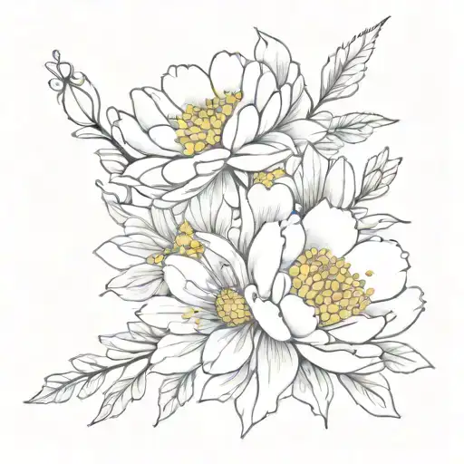 Bouquet with one chrysanthemum, haggle, daisy, cherry blossom branch, rose, aster, peony, tattoo design idea