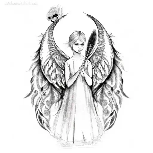 Angel with peacock feather and infinity and rose tattoo design idea