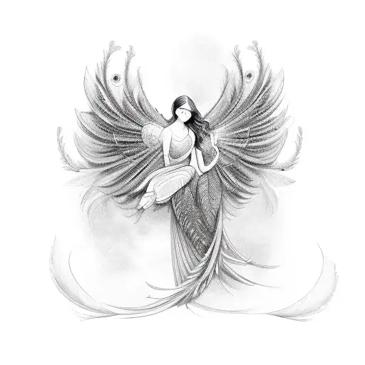 Angel with peacock feather and infinity  tattoo design idea