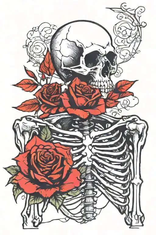 black skeleton smelling red rose tattoo design idea