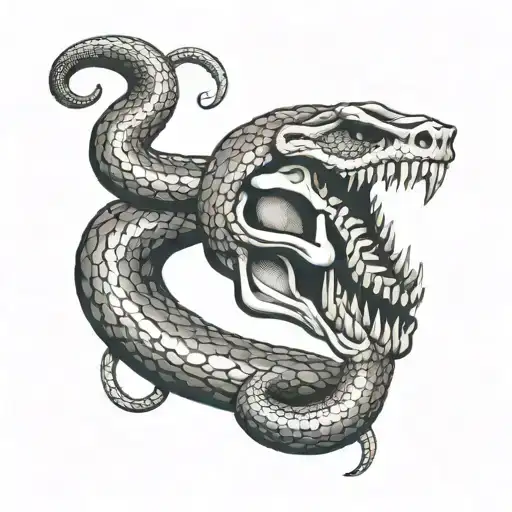 snake wriggles around leg with head like skull tattoo design idea