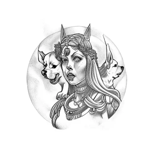 persephone, athena and cerberus tattoo design idea