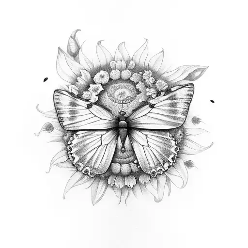 butterfly in the middle, sunflowers on the side with small flowers steaming out  tattoo design idea