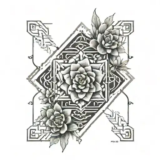andalucian tile and succulents geometric sternum symmetrical tattoo design idea