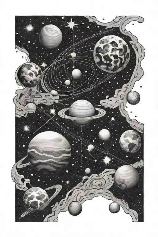 space theme, planets, moon, star constellations tattoo design idea