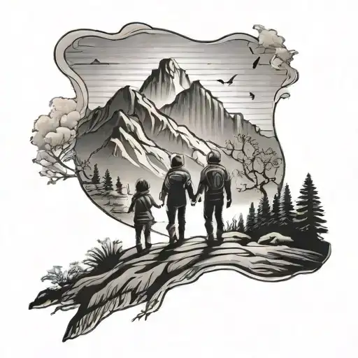 A mountain landscape with a silhouette of a family holding hands, showcasing the client's love for nature and family tattoo design idea