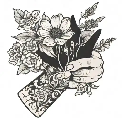 A hustler's hand holding a bouquet of wildflowers tattoo design idea