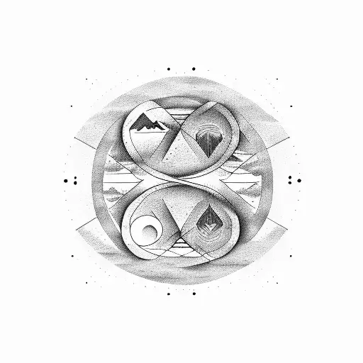 A minimalist design of a mountain range with a yin and yang symbol in the sky tattoo design idea
