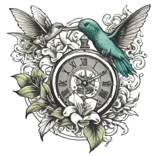 pocket watch, hummingbird, lily and banner wrapped tattoo design idea