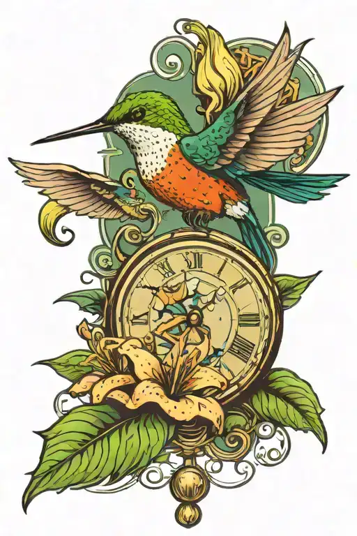 hummingbird, pocket watch, lily, banner wrapping tattoo design idea