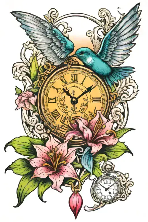 hummingbird, pocket watch, lily, banner, breast cancer awareness ribbon  tattoo design idea